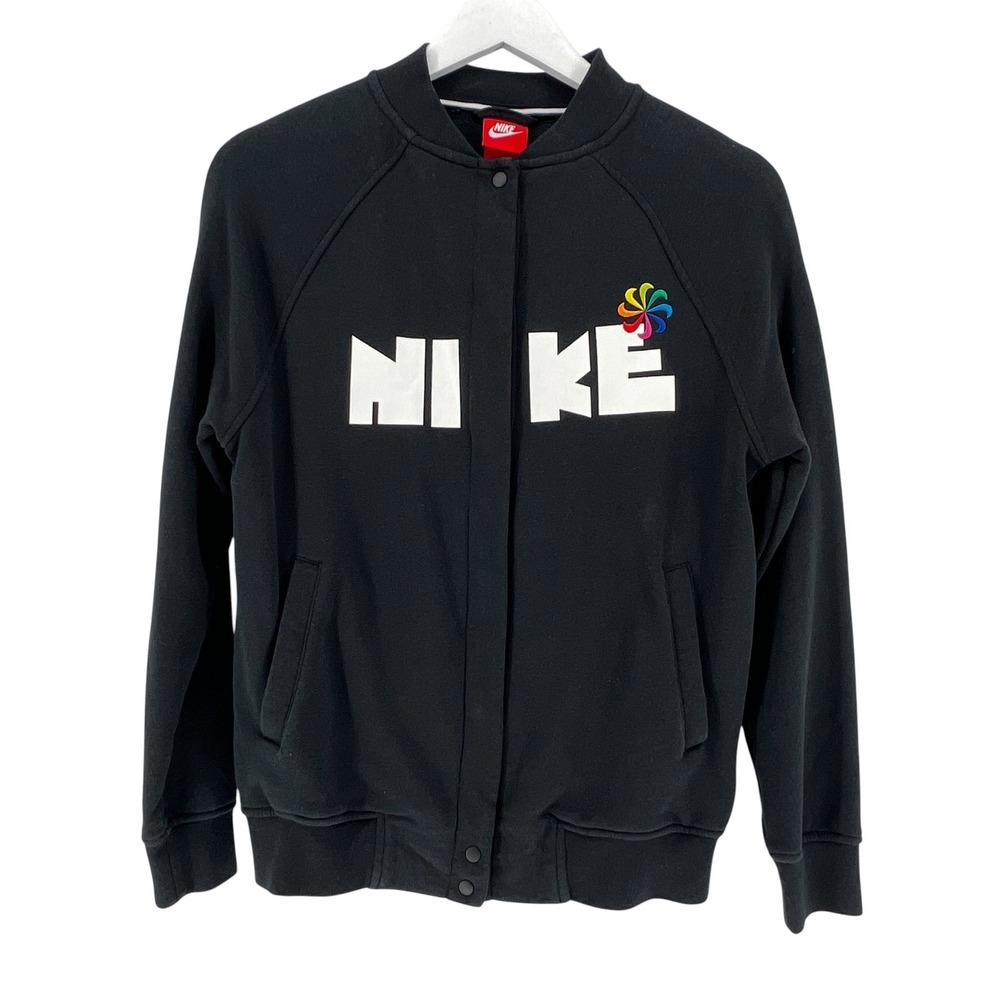Nike Pinwheel Jacket Womens Juniors XS Black Rainbow Swoosh Fleece Streetwear